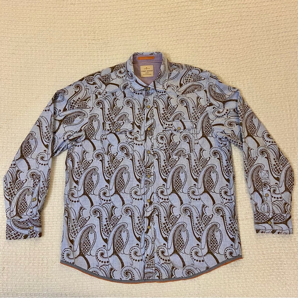 Tommy Bahama Jeans floral paisley w/ 2 button flap pockets sz L blue brown